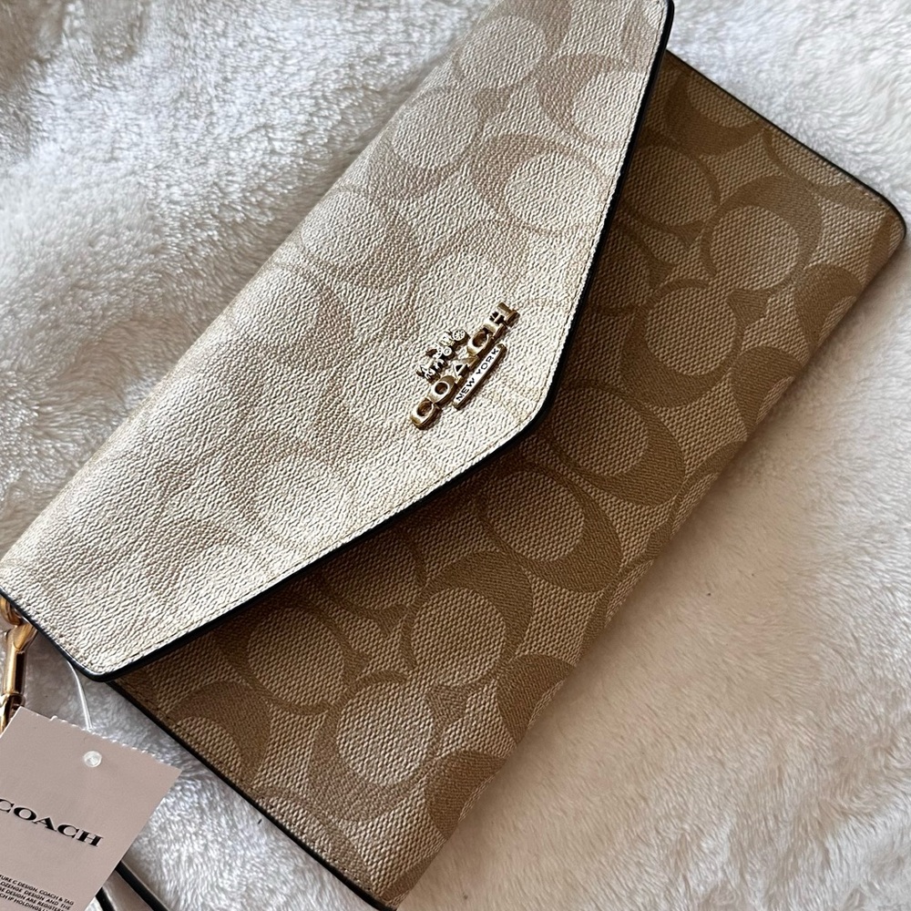 Coach Two-Tone Signature Envelope Clutch in Cream and Tan